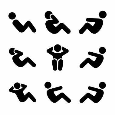 Bir karın çekirdeği egzersizi için mekik ya da mekik çeken bir kişinin farklı pozisyonlarını ve hareketlerini gösteren dokuz simge..