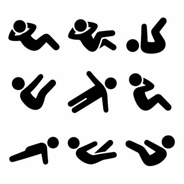 Spor yapmak için mekik, mekik ve kalas gibi farklı vücut ve karın egzersizleri yapan insanları tasvir eden dokuz basit siyah beyaz simge koleksiyonu..