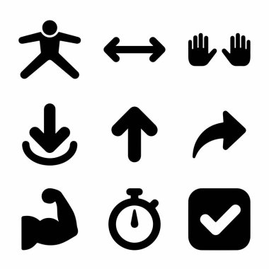 Beyaz arkaplandaki kullanıcı arayüzü tasarımı ve mobil uygulamalar için indirme, yükleme, paylaşma, güç, zamanlayıcı ve işaretleme sembollerini içeren dokuz katı siyah simge koleksiyonu.