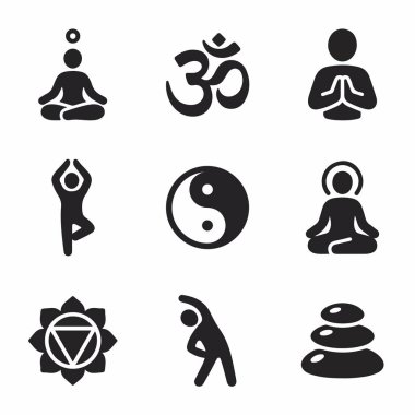 Yoga pozlarını, meditasyonu ve Om, Yin Yang, çakralar gibi ruhani sembolleri temsil eden dokuz siyah ve beyaz simge koleksiyonu ve refah kavramları için dengeli taşlar..