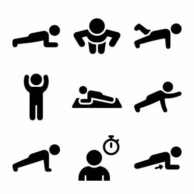 Farklı fitness pozları ve egzersizleri tasvir eden basit çubuk figürü simgelerinin toplanması. Tahta varyasyonları, şınav ve beyaz arkaplan üzerinde gerilmeyi içerir.