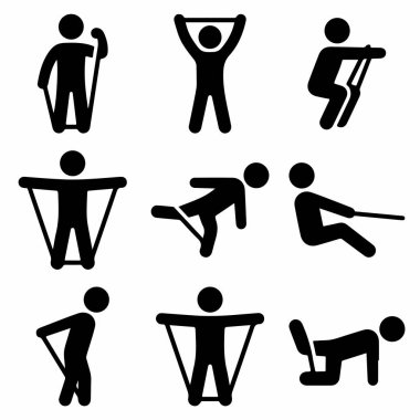 Esnek direnç bantları kullanarak yapılan çeşitli güç antrenmanlarını ve esneme egzersizlerini gösteren dokuz basit siyah piktogramdan oluşan bir koleksiyon. Beyaz bir arkaplanda izole edilmiş.