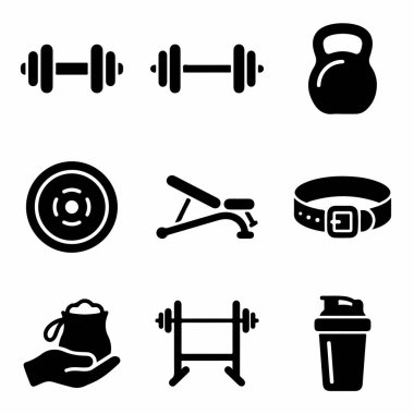 Spor aletlerini ve aksesuarları temsil eden siyah vektör ikonlarından oluşan bir koleksiyon. Kol, halter, halter, ağırlık plakası, bank, kemer, protein tozu ve sallanan bir şişe..