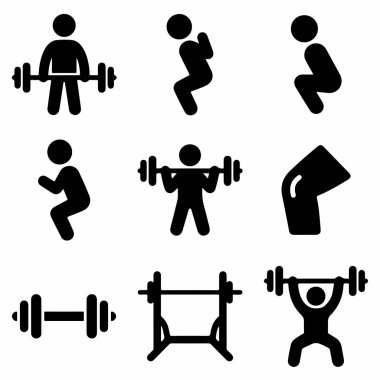 Ağırlık kaldırma egzersizlerini temsil eden siyah siluet simgelerinden oluşan bir koleksiyon. Çömelme ve üstten baskı, halterler ve dambıllar gibi spor aletleri ve diz eklemi sembolü gibi..