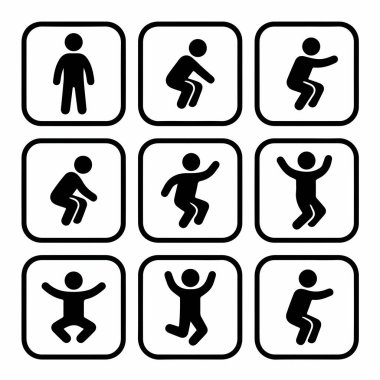 Bir kişinin hareketini gösteren vektör sembolleri kümesi. Dizide çömelmiş ve kolları heyecanla havaya zıplayan bir figürün resmedildiği görülüyor. Beyazda izole edilmiş.