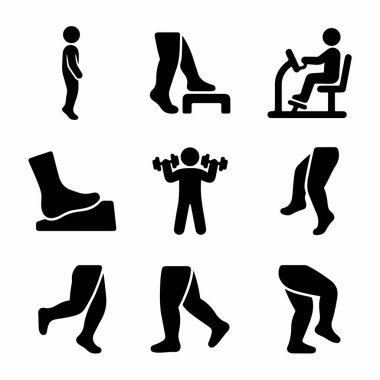 Dokuz basit siyah beyaz simge seti. Basamak, bisiklet ve halter gibi çeşitli bacak egzersizlerini gösteriyor. Spor salonu ve fitness tasarım elementleri için mükemmel.