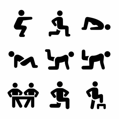 Yaygın spor ve spor egzersizlerini temsil eden dokuz basit siyah glyph simgesi koleksiyonu. Çömelme, hamleler, mekik ve bacak kaldırma gibi. Sağlık ve spor kavramları için beyaz bir arkaplanda izole edilmiş.