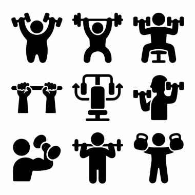 Dokuz vektör ikonundan oluşan bir set halterleri, halterleri ve dambılları kaldırmak ve spor aletleri kullanmak gibi çeşitli güç alıştırmaları yapan insanları gösteriyor. Beyazda izole edilmiş.
