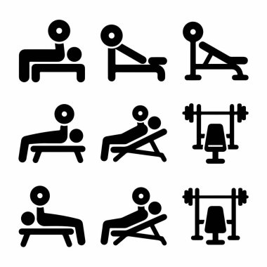 Vektör simgesi seti halterde ağırlık kaldırma egzersizi yapan bir figürü gösteriyor. Spor, spor, spor ve sağlıkla ilgili kavramlar için düz, eğik ve azalan varyasyonları içerir.