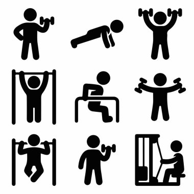 Kol kaldırma, şınav çekme, barfiks, daldırma ve ağırlık makinesi kullanma gibi çeşitli spor salonu ve kuvvet antrenmanlarını gösteren dokuz siyah siluet simgesi..