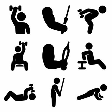 Halter, şınav, daldırma ve kablo makinesi egzersizleri de dahil olmak üzere çeşitli güç antrenmanlarını ve spor salonlarını gösteren dokuz siyah siluet simgesi..