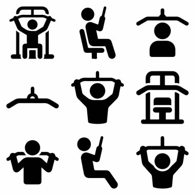 Dokuz basit siyah simge simgesi koleksiyonu insanları arka tarafta bir çekme makinesi ve bir spor salonunda güç eğitimi kullanırken resmediyor..