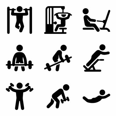 Dokuz siyah siluet piktogramdan oluşan bir koleksiyon. Spor salonunda çeşitli güç egzersizleri yapan insanları gösteriyor. Buna barfiksler, çömelmeler ve halterler de dahil..