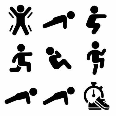 Zıplama, tahta, çömelme, hamleler, mekik ve kronometre simgesi ile koşma gibi fiziksel spor aktivitelerini temsil eden dokuz basit siyah piktogram seti..