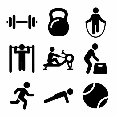 Beyaz arka planda izole edilmiş halter kardiyo ve vücut ağırlığı eğitimi gibi çeşitli spor egzersizlerini temsil eden dokuz basit vektör ikonu.
