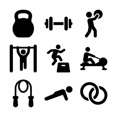 Kettlebell, dambıl, barfiks ve şınav da dahil olmak üzere çeşitli fitness aktivitelerini ve spor aletlerini temsil eden dokuz basit siyah ikondan oluşan bir koleksiyon..