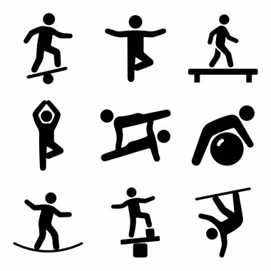 Yoga, jimnastik ve top ve tahta gibi istikrar ekipmanları içeren çeşitli dengeli figürleri tasvir eden dokuz siyah ve beyaz vektör ikonundan oluşan bir koleksiyon..