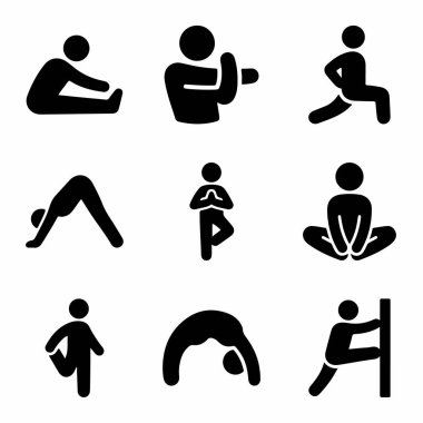 Dokuz basit siyah piktogramdan oluşan bir koleksiyon insanları esneme, ısınma, serinleme ve yoga için farklı egzersiz pozisyonlarında gösteriyor. Beyaz bir arkaplanda izole edilmiş.