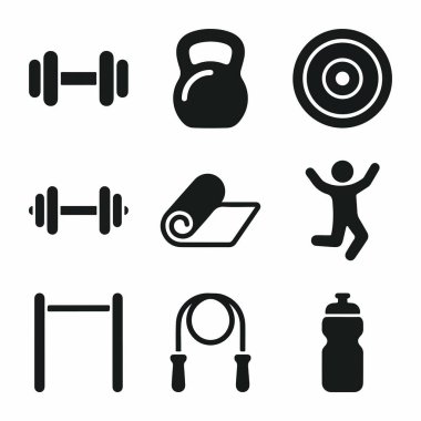 Çeşitli spor salonlarını, spor salonlarını ve ağırlık gibi ekipmanları temsil eden dokuz adet siyah siluet simgesi. Bir yoga minderi ve beyaz arka planda bir barfiks çubuğu..
