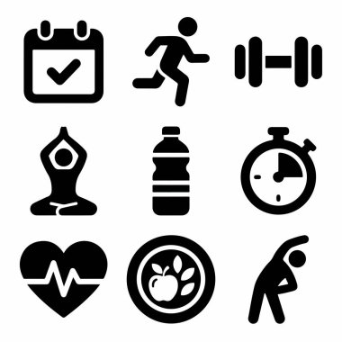 Web ve mobil tasarım için egzersiz, yoga, hidrasyon, diyet ve kalp atış hızı izleme de dahil olmak üzere sağlık ve sağlık kavramlarını temsil eden dokuz basit siyah simge koleksiyonu.