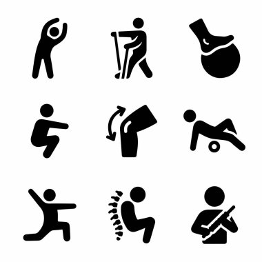 Tıbbi rehabilitasyonu, fizik tedavi egzersizlerini, eklem sağlığını ve sırt ağrısı veya kırık bir kol gibi yaygın yaralanmaları temsil eden dokuz basit simge..