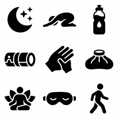 Yoga pozları, uyku maskesi, su şişesi, meditasyon gibi sağlıklı alışkanlıkları ve rahatlığı temsil eden dokuz siyah sembolden oluşan bir derleme..