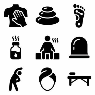 Masaj, sıcak taş terapisi, refleksoloji, aromaterapi, sauna, kupa ve esneme gibi sağlık aktivitelerini temsil eden siyah katı ikonların bir derlemesi..