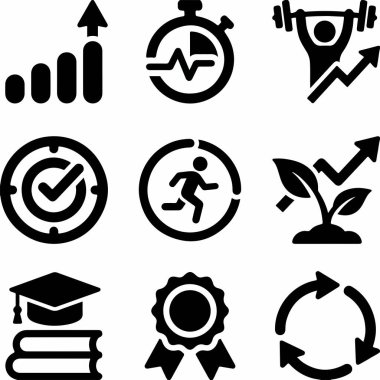 Büyüme, zindelik, eğitim, hedefler ve başarı da dahil olmak üzere kişisel gelişim kavramlarını temsil eden dokuz siyah sembol koleksiyonu. Kişisel gelişim için basit vektör simgeleri.