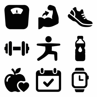 Sağlık ve zindelik için basit vektör sembolleri. Ağırlık, kas, koşu, kaldırma, gerdirme, su, beslenme, zamanlama ve etkinlik izleme simgelerini içerir.