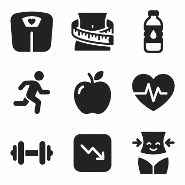Sağlık uygulamaları için bir ölçek, elma, dambıl ve kalp atış hızı sembolü de dahil olmak üzere, diyet, egzersiz ve sağlığı temsil eden dokuz katı siyah ikondan oluşan bir koleksiyon..