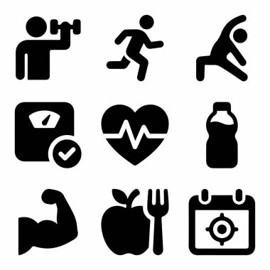 Sağlığı, zindeliği ve sağlıklı yaşam tarzını temsil eden dokuz tane simge. Halter, koşu, esneme, diyet, su ve hedef ayarlama için simgeleri içerir.