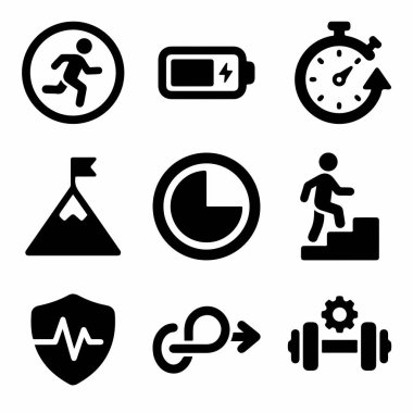 Koşu, enerji, zaman, hedefler, ilerleme, sağlık ve mobil uygulamalar için güç gibi kavramları temsil eden dokuz siyah ve beyaz simgenin bir derlemesi.