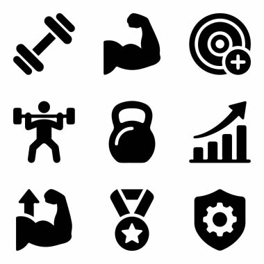 Fitness, vücut geliştirme ve spor aktivitelerini temsil eden dokuz siyah simge koleksiyonu. Halter, halterci, halterci, kettlebell, madalya ve ilerleme çizelgesi sembollerini içerir.