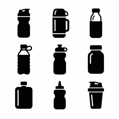 Spor şişeleri, bir termos, bir su şişesi, bir karıştırıcı ve beyaz arka planda izole edilmiş bir seyahat kupası da dahil olmak üzere çeşitli içki şişelerini temsil eden dokuz adet siyah sembol..