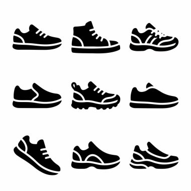 Farklı spor ayakkabıları ve spor ayakkabılarını gösteren dokuz siyah vektör ikonundan oluşan bir koleksiyon. Spor, spor, spor ve sıradan ayakkabı konseptleri için basit semboller.