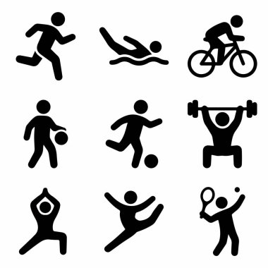 Koşu, yüzme, bisiklet, futbol, halter, yoga ve tenis de dahil olmak üzere çeşitli spor ve egzersizleri temsil eden dokuz basit siyah piktogram koleksiyonu.