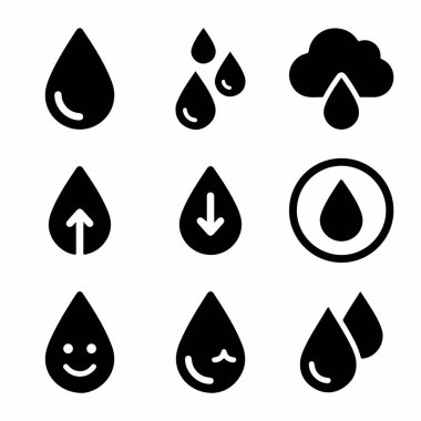 Su damlalarını temsil eden dokuz siyah siluet simgesi koleksiyonu. Yağmurun, buharlaşmanın, yoğunlaşmanın ve mutluluk gibi duyguların sembollerini içerir. Basit vektör grafik ögeleri.