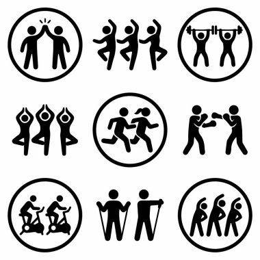 Koşu, yoga, halter, boks ve bisiklet gibi farklı spor ve spor aktivitelerini gösteren dokuz adet siyah beyaz resim seti..