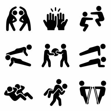 Çömelme, şınav, mekik, oturma ve sağlık topu geçiş kartları gibi çeşitli eş egzersizlerini gösteren siyah piktogramlar koleksiyonu.
