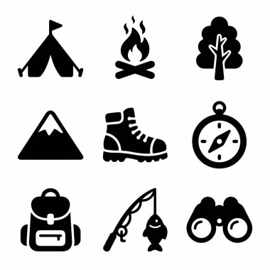 Kamp, yürüyüş ve balıkçılık gibi açık hava aktivitelerini temsil eden dokuz adet simge. Çadır, kamp ateşi, dağ, bot, pusula ve sırt çantası..