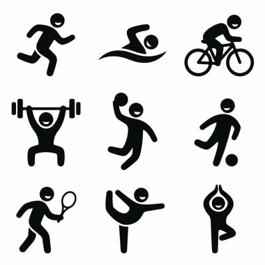 Koşu, yüzme, bisiklet, halter, basketbol, futbol, tenis, jimnastik ve yoga gibi çeşitli fiziksel aktiviteleri gösteren dokuz adet siyah beyaz simge..