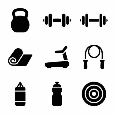 Spor yapmak ve egzersiz yapmak için dokuz basit siyah siluet simgesi koleksiyonu. Kettlebell, dambıl, koşu bandı, yoga minderi ve beyaz arka planda kum torbası..