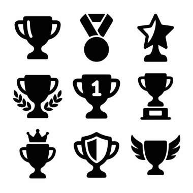 Kazanan kupalar, madalyalar ve yıldız ödülleri dahil çeşitli ödül sembolleri koleksiyonu. Şampiyonlar için düz vektör simgeleri, birincilik ve başarı tanıma beyaz arka planda izole.