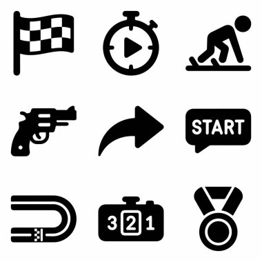 Yarış ile ilgili dokuz sağlam siyah simge sembolü koleksiyonu içinde bir kareli bayrak, kronometre, başlama tabancası, koşucu, madalya ve spor tasarımı için yarış pisti de var..