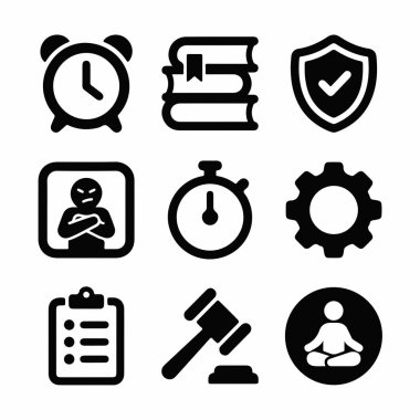 Beyaz bir zemin üzerinde zaman yönetimi, eğitim, güvenlik, duygu, hukuk ve kişisel refah gibi kavramları temsil eden dokuz adet sağlam siyah sembol..