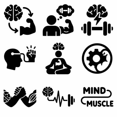 Zihin kası bağlantısını gösteren dokuz siyah ve beyaz vektör ikonundan oluşan bir koleksiyon. Beyin, pazı, dambıl, meditasyon ve güç sembolleri içerir.