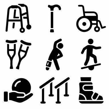 Fiziksel terapiyi, hareket yardımını ve yürüteç, tekerlekli sandalye, koltuk değnekleri ve denge eğitimini de içeren rehabilitasyon egzersizlerini temsil eden siyah simgelerden oluşan bir derleme..