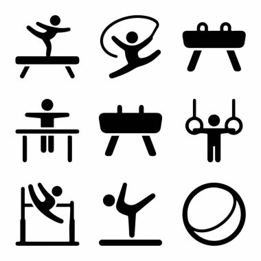 Çeşitli jimnastik disiplinlerini temsil eden dokuz basit siyah vektör ikonundan oluşan bir koleksiyon. Denge kirişi, kulplu beygir, halkalar, çubuklar ve yer egzersizleri içerir.