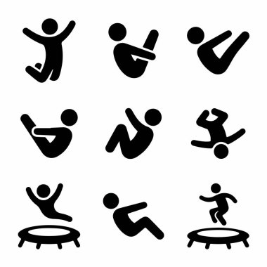 Zıplama, kıvrılma, takla atma ve trambolinde zıplama gibi farklı dinamik pozlardaki bir insanı gösteren dokuz basit siyah piktogramdan oluşan bir koleksiyon..