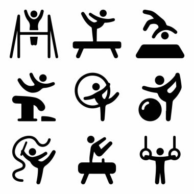 Denge kirişi, halkalar, kulplu beygir, kurdele ve yer egzersizleri gibi farklı jimnastik olaylarını gösteren dokuz basit piktogramdan oluşan bir koleksiyon..